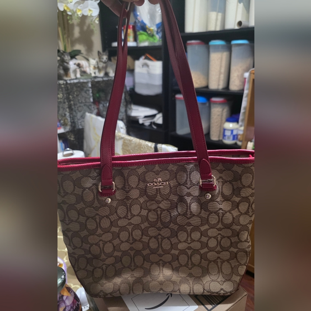 Coach Signature Canvas Tote with Red Trim and Straps